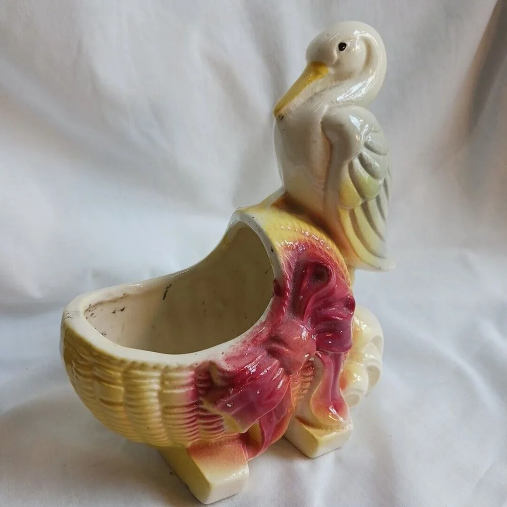 Vintage Stork Basket Bassinet Cradle Ceramic Planter
